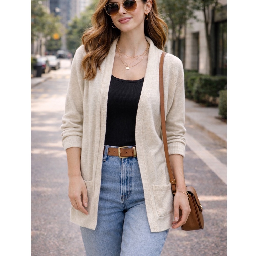 Vintage Beige Short Sleeve Open Front Cardigan Sweater Tie Back Size M
